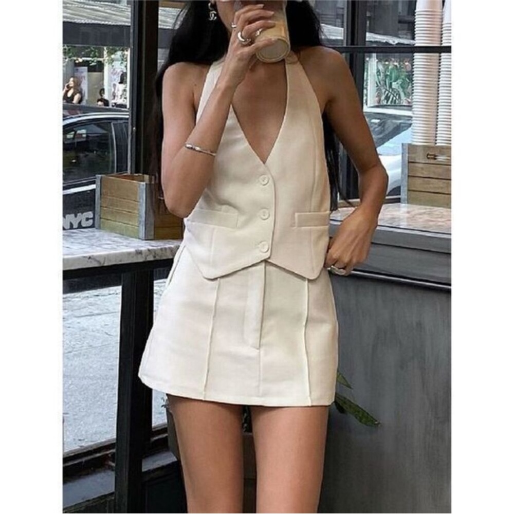Commense Button Front Halter Neck Backless Vest Blazer With‎ Skirt Set Size M
